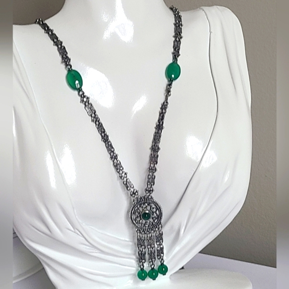Vintage Boho Art Deco Green Stone Sterling Silver Chain Tassel Lariat Necklace